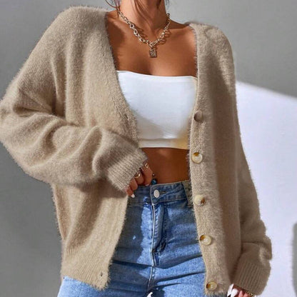 Cardigan Femme Maille Douce Décontracté Doré