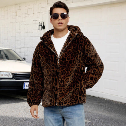 Veste homme en fausse fourrure léopard élégante noire