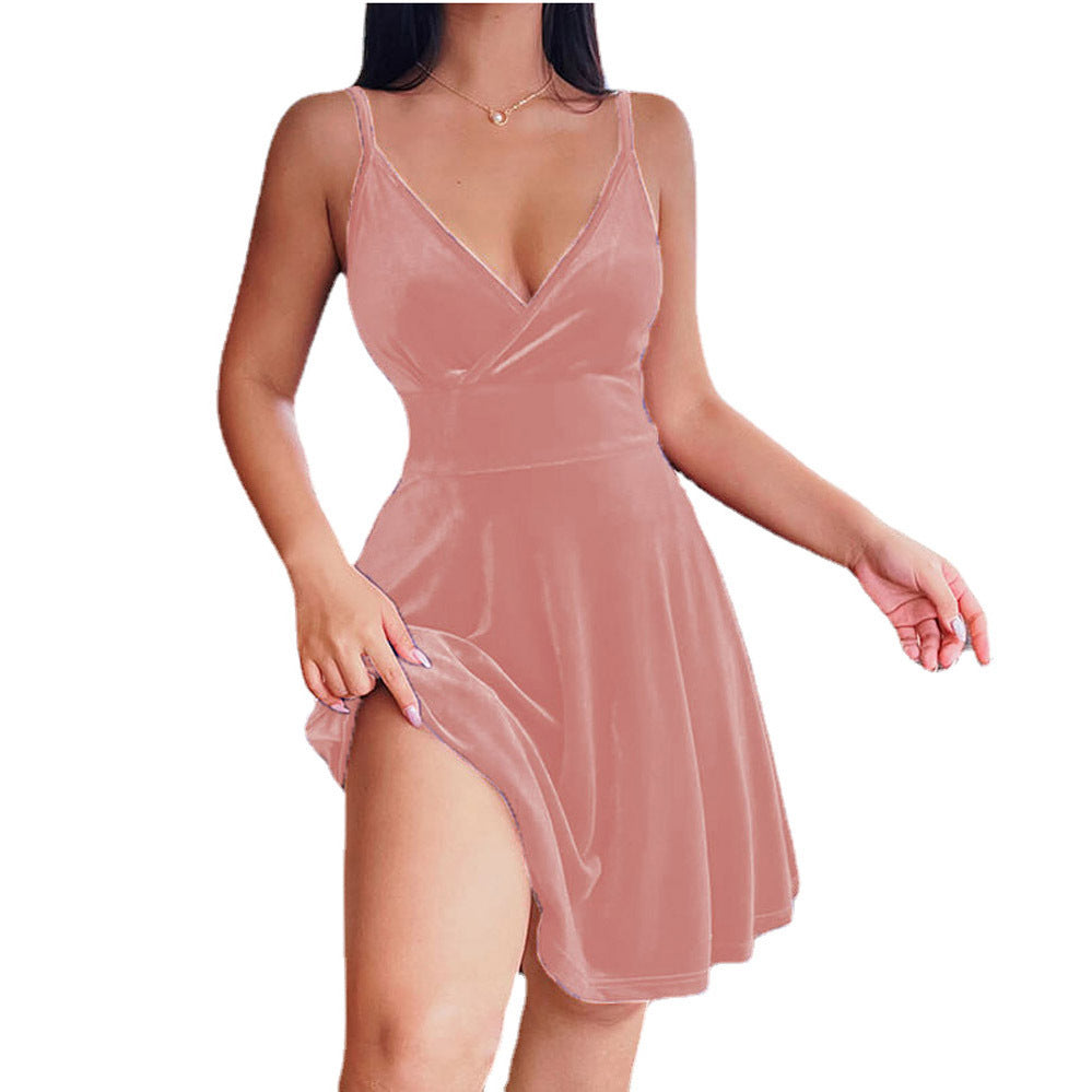 Robe de soirée velours femme coupe trapèze décolleté plongeant