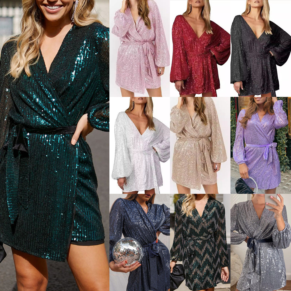 Damen Abendkleid Glitzer V-Ausschnitt Elegant - IdealeKleiden