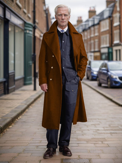 Manteau long en laine élégant pour homme, style outre-mer