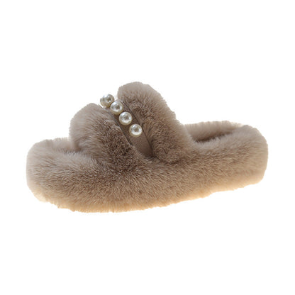 Chaussons douillets pour femmes en peluche avec décor de perles