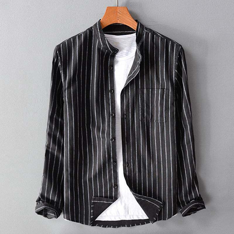 Chemise à manches longues pour homme, à rayures, avec poche poitrine, style décontracté