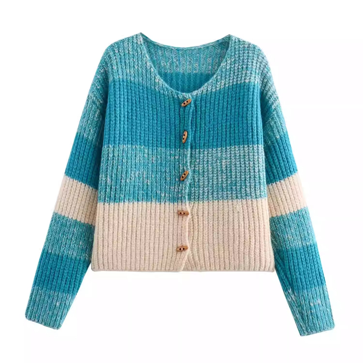 Damen Strickjacke Elastisch Rippmuster Holzknöpfe Elegantes Design - IdealeKleiden
