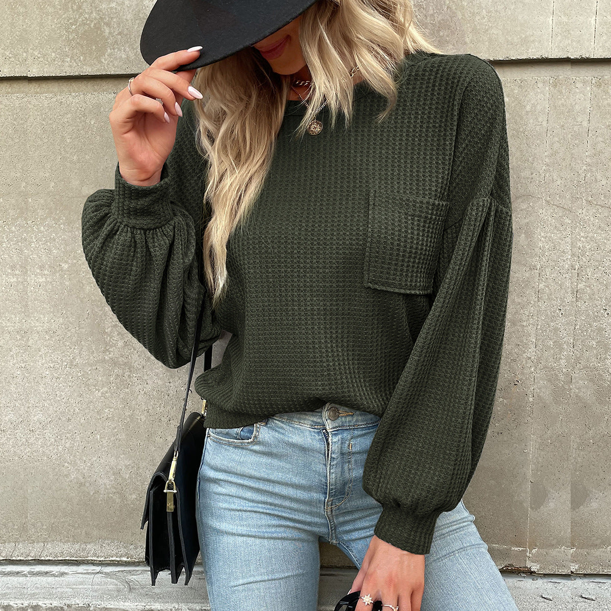 Damen Pullover Lässig Puffärmel Struktur Look - IdealeKleiden