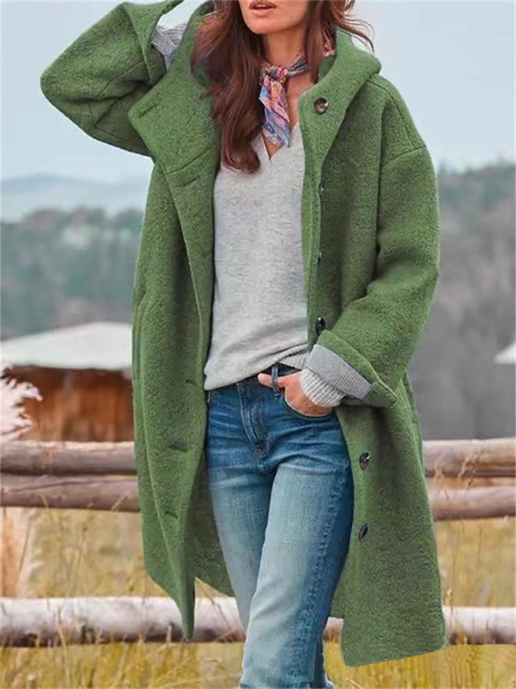 Manteau en laine stylé à capuche et simple boutonnage