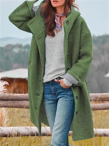 Manteau en laine stylé à capuche et simple boutonnage