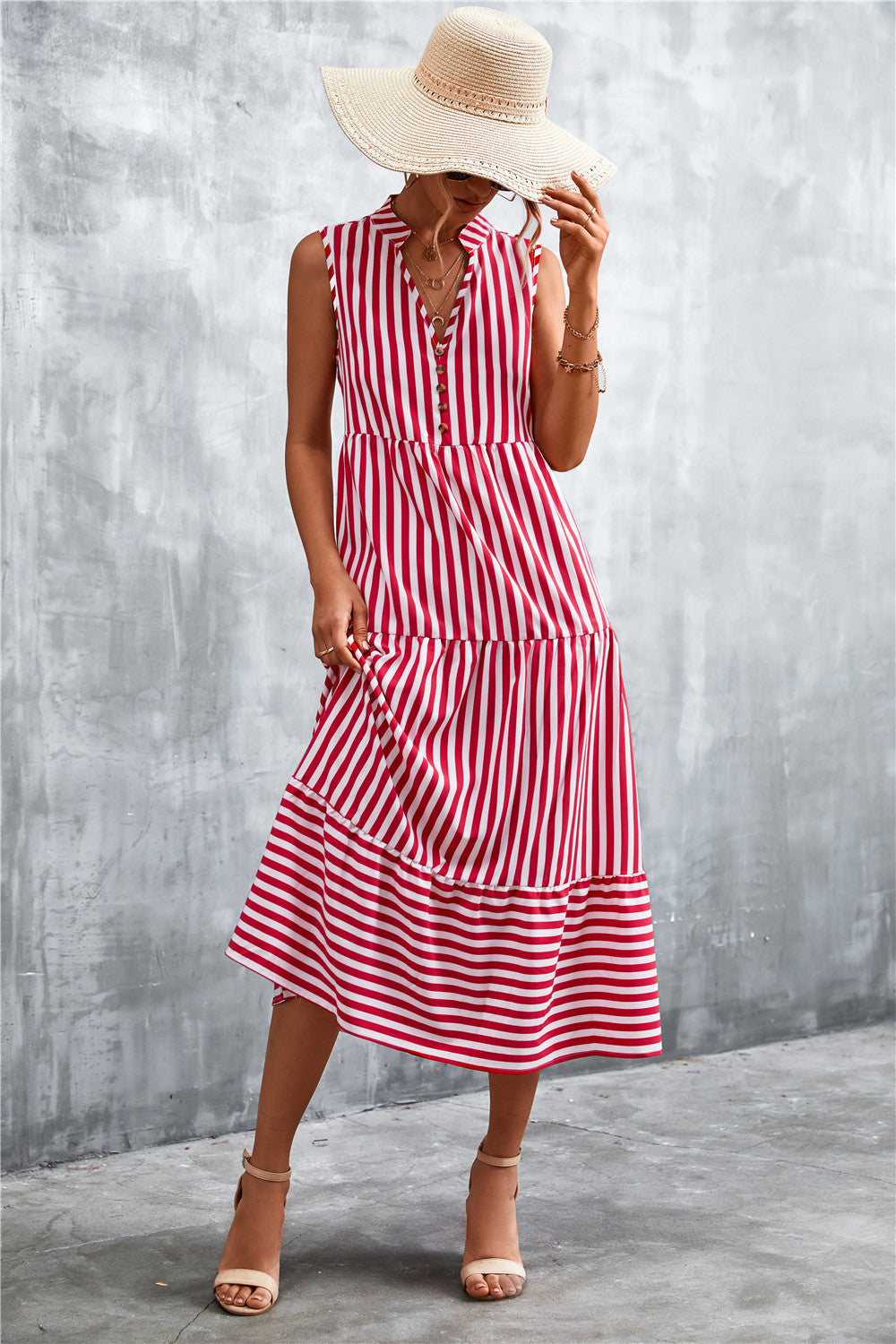 Robe longue pour femme à rayures élégante boutonnée