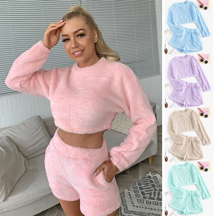 Damen Weiche Plüsch-Pyjamas Set Bequem - IdealeKleiden