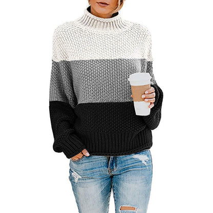 Pull Femme Gros Tricot Col Haut Moderne Color Block