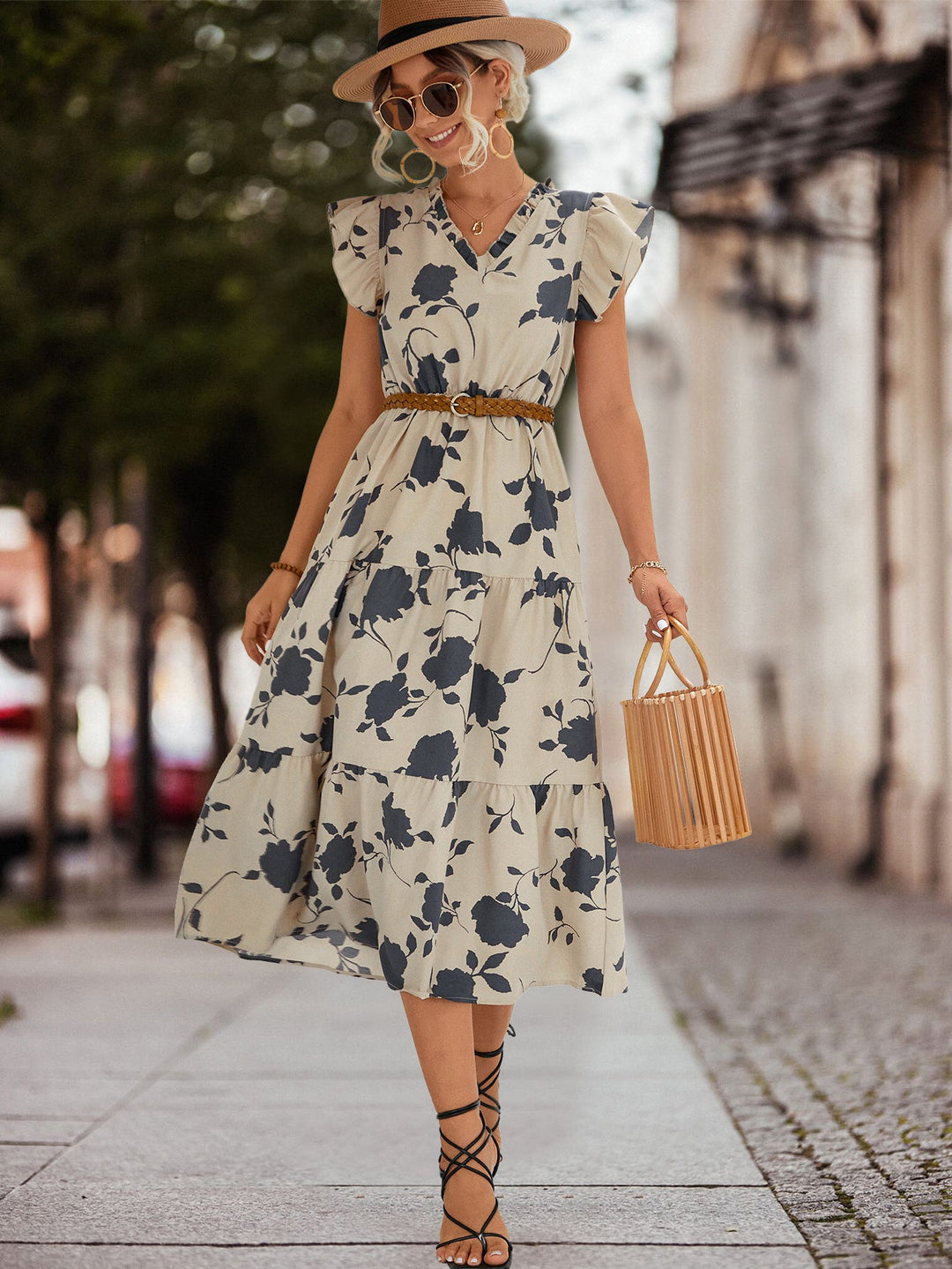 Robe midi femme à fleurs Volants Élégante Lacée