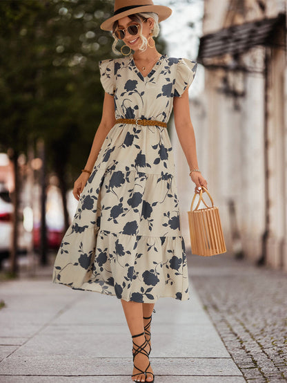 Robe midi femme à fleurs Volants Élégante Lacée