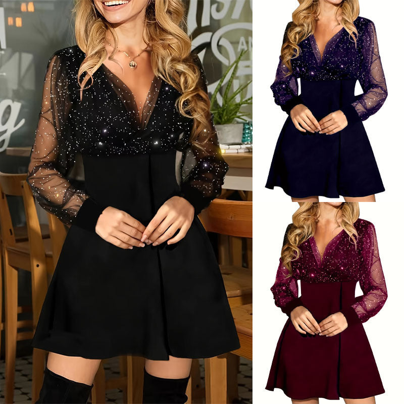Damen Abendkleid Elegant Transparent Ärmel Glitzerdetails - IdealeKleiden