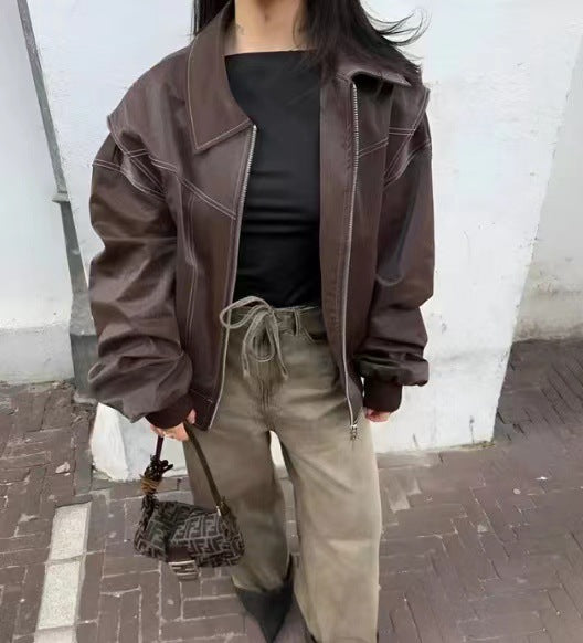 Grand blouson en cuir chic et oversize pour femme