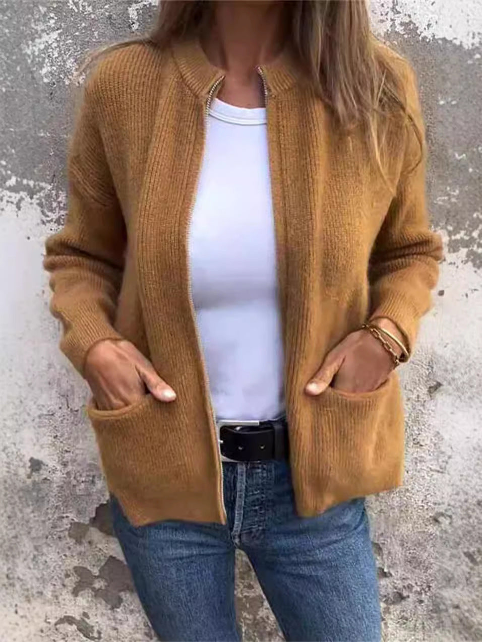 Veste zippée décontractée Coupe ample Tricot côtelé