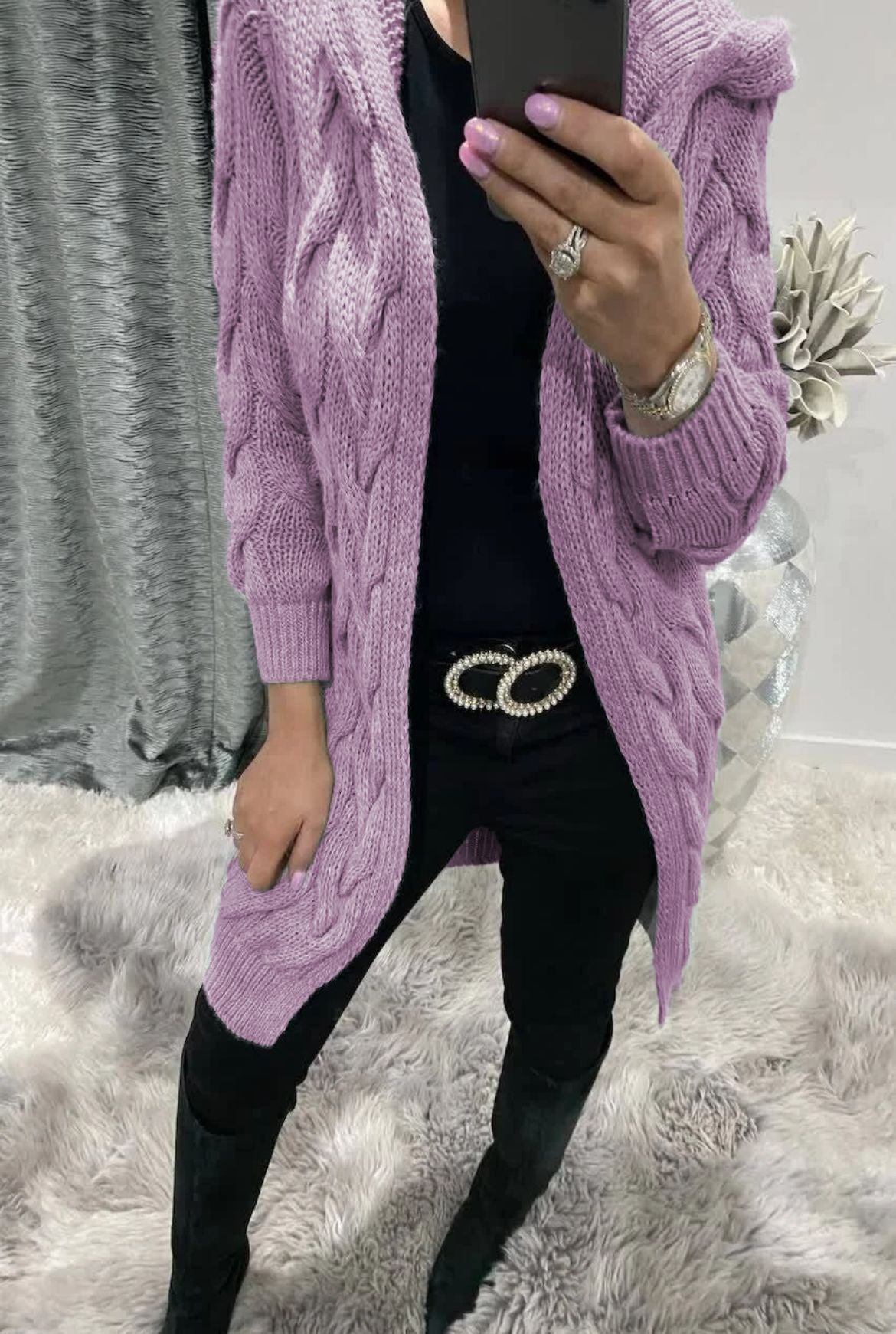 Cardigan long en maille tressée élégant