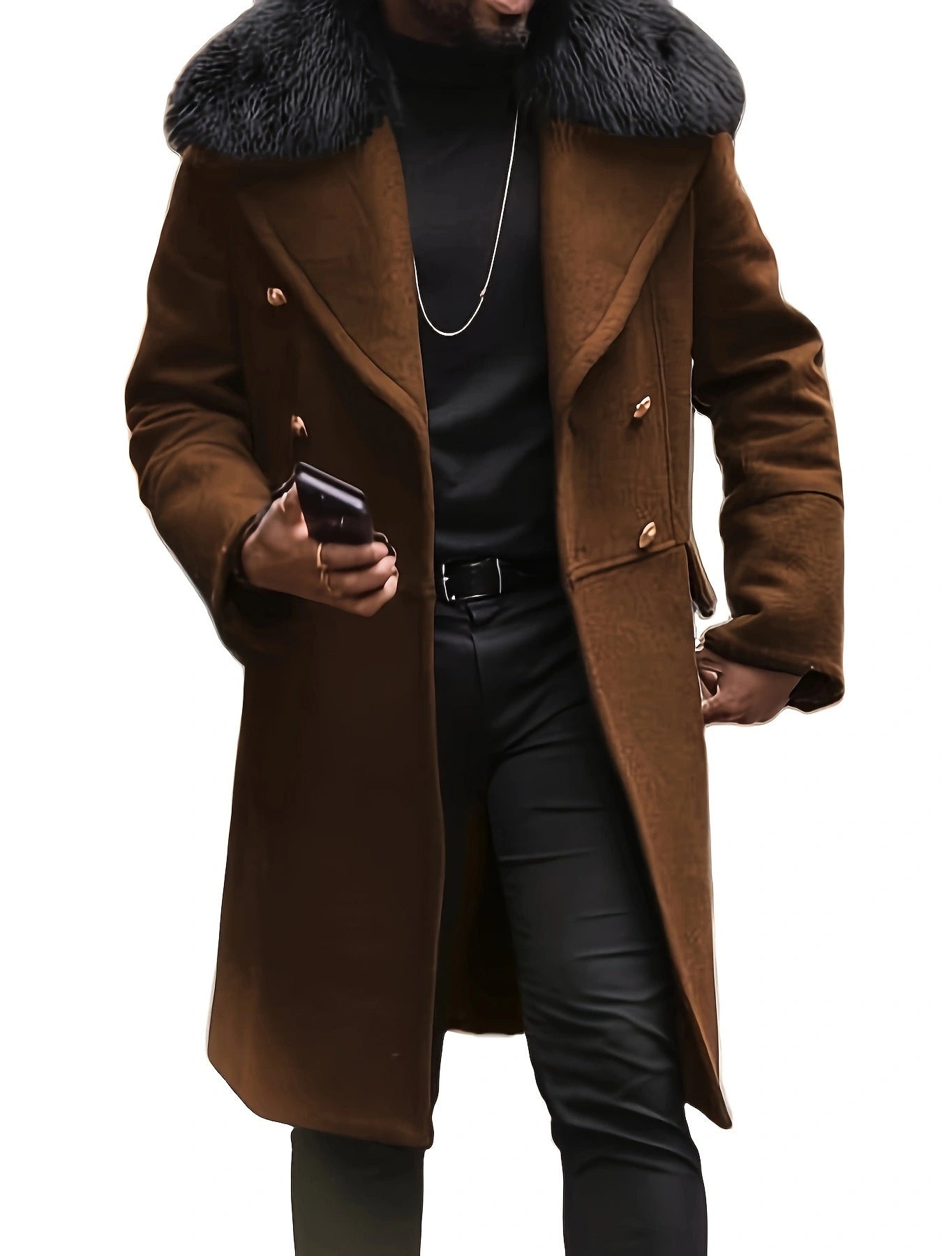 Manteau long homme, design élégant, col en fourrure de luxe