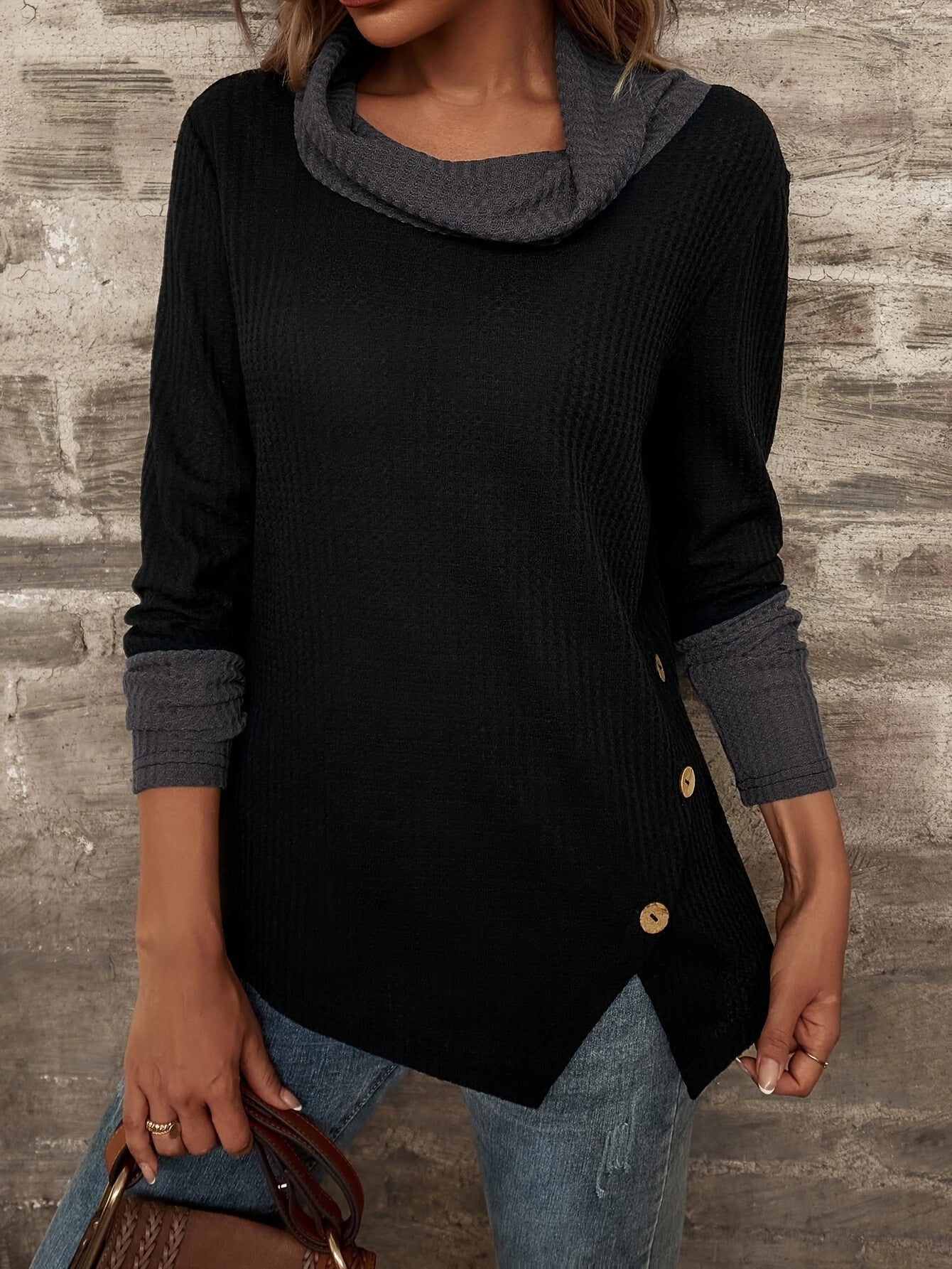 Haut à manches longues pour femmes Col ample Motif texturé