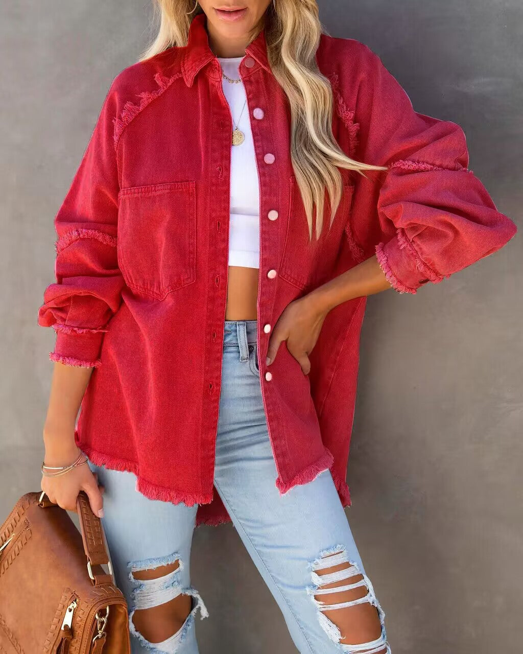 Veste en jean femme décontractée style vintage à franges