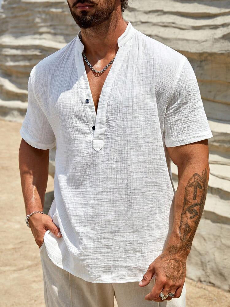 Chemise à manches courtes pour homme, col montant moderne, légère en coton
