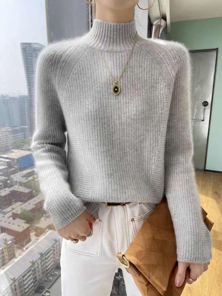 Pull pour femme manches longues côte fine col montant