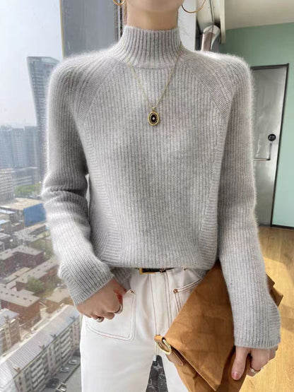 Pull pour femme manches longues côte fine col montant