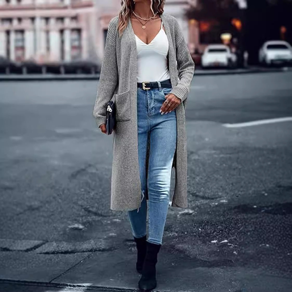 Gilet long en maille à manches longues avec poches pour femme