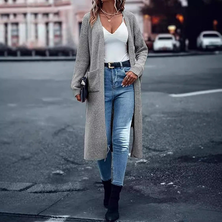 Gilet long en maille à manches longues avec poches pour femme