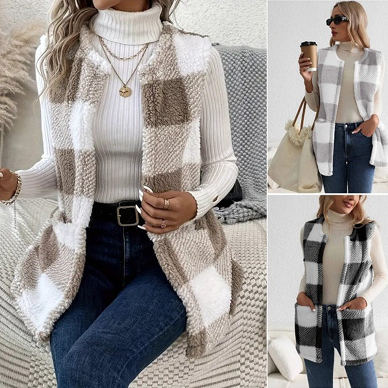 Damen Plaidweste Weich Gemütlich Mit Taschen - IdealeKleiden