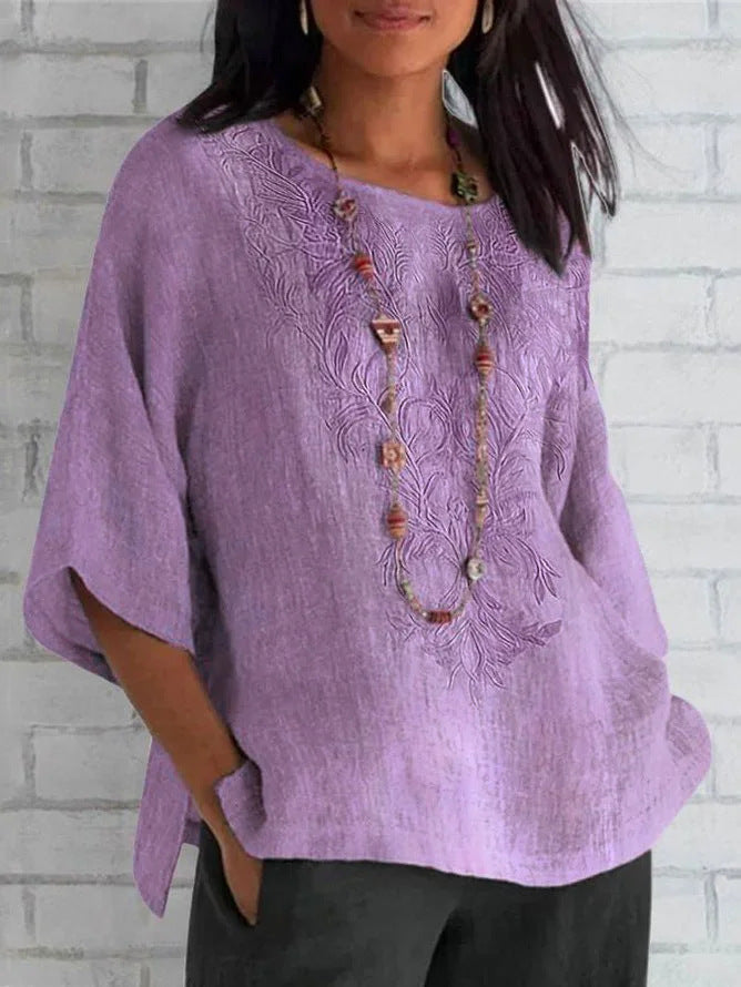 Blouse en lin brodée élégante pour femme été