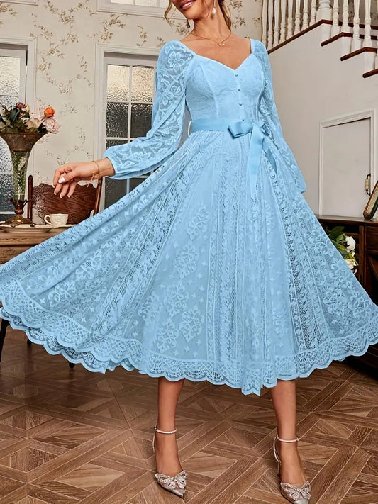 Damen Kleid Elegant Spitze Puffärmel Taillenkleid - IdealeKleiden