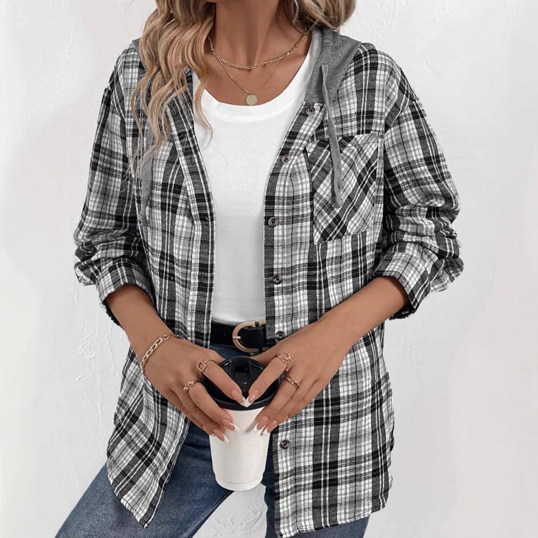 Veste en flanelle pour femme, décontractée, à carreaux, avec capuche