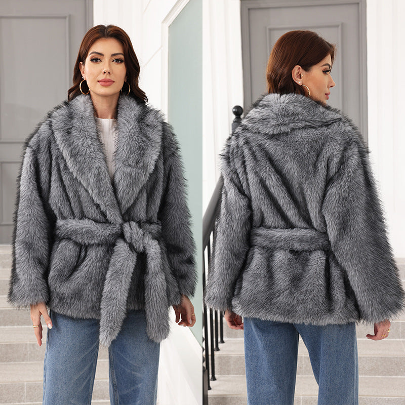 Manteau chic en fausse fourrure pour femme avec ceinture et large col