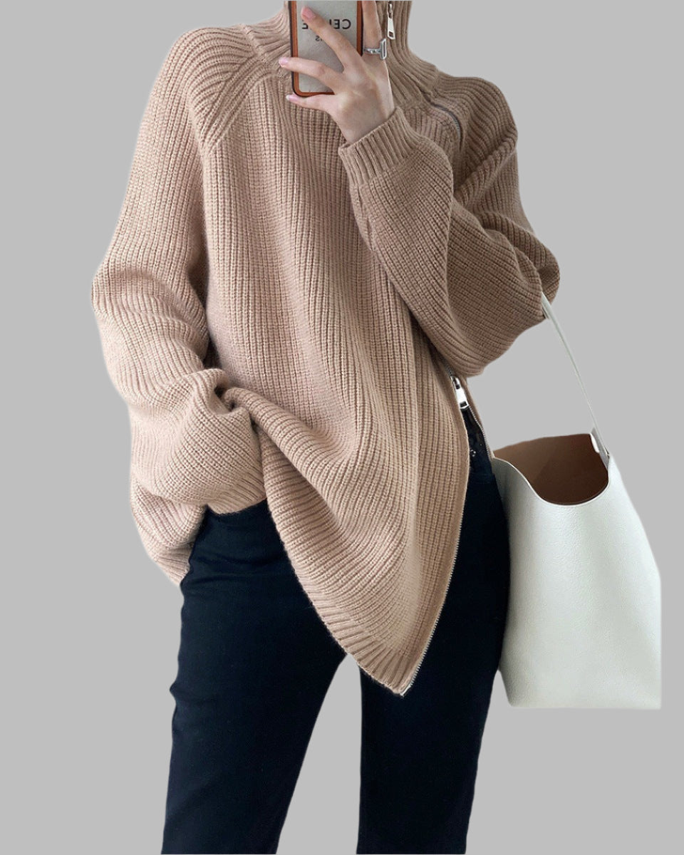 Übergröße Strickpullover Wollmix Hochkragen Reißverschluss - IdealeKleiden