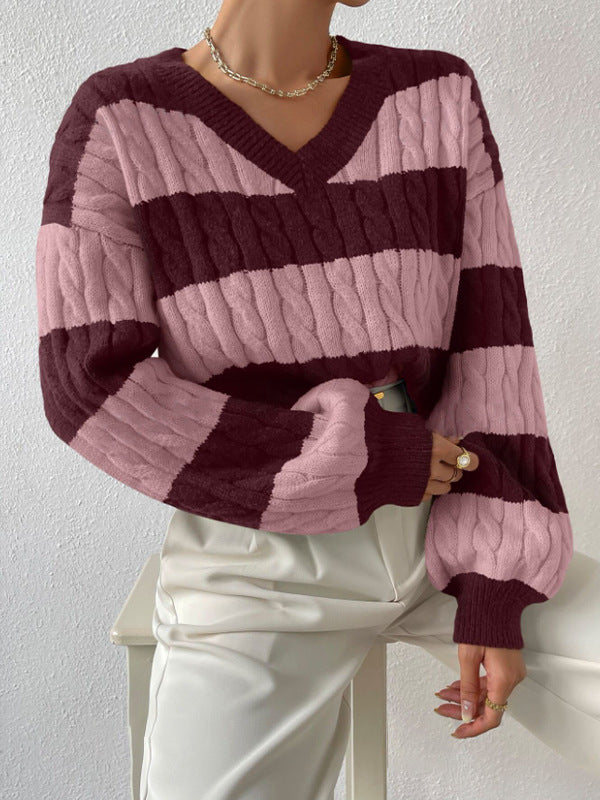 Pull en tricot pour femme col en V manches longues design élégant