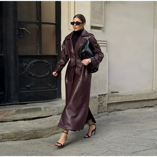 Damen Trenchcoat Elegant Kunstleder Schnitt mit Gürtel - IdealeKleiden