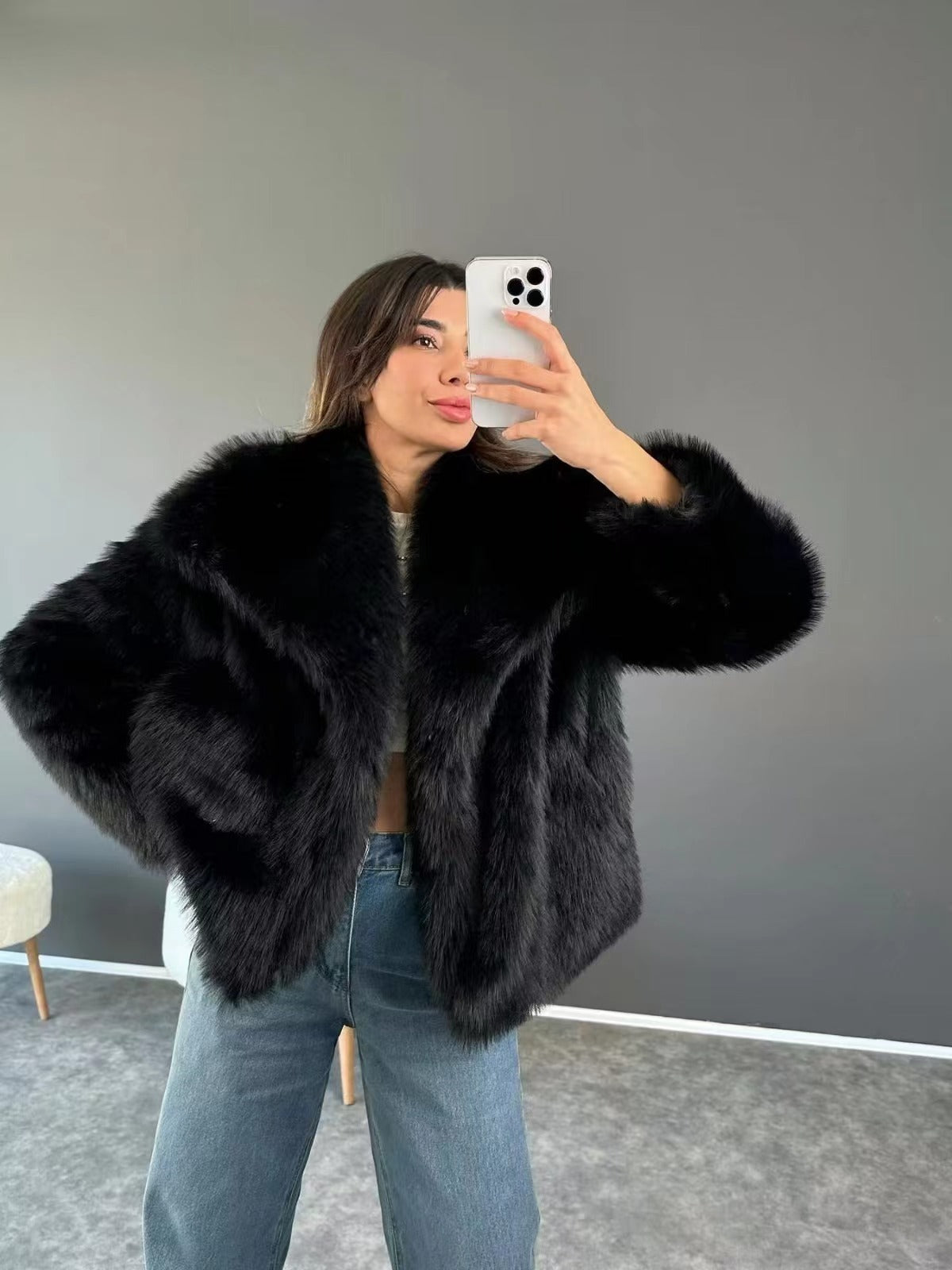 Veste en peluche douce Coupe courte Grand revers