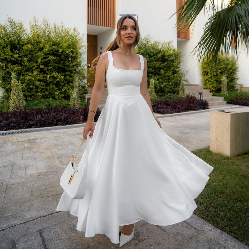 Robe longue femme élégante ligne A décolleté carré
