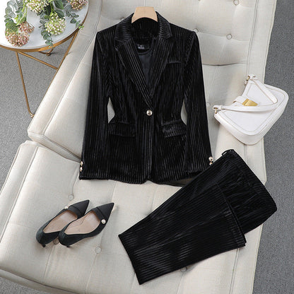 Ensemble blazer-robe élégant, Coupe cintrée, Aspect velours