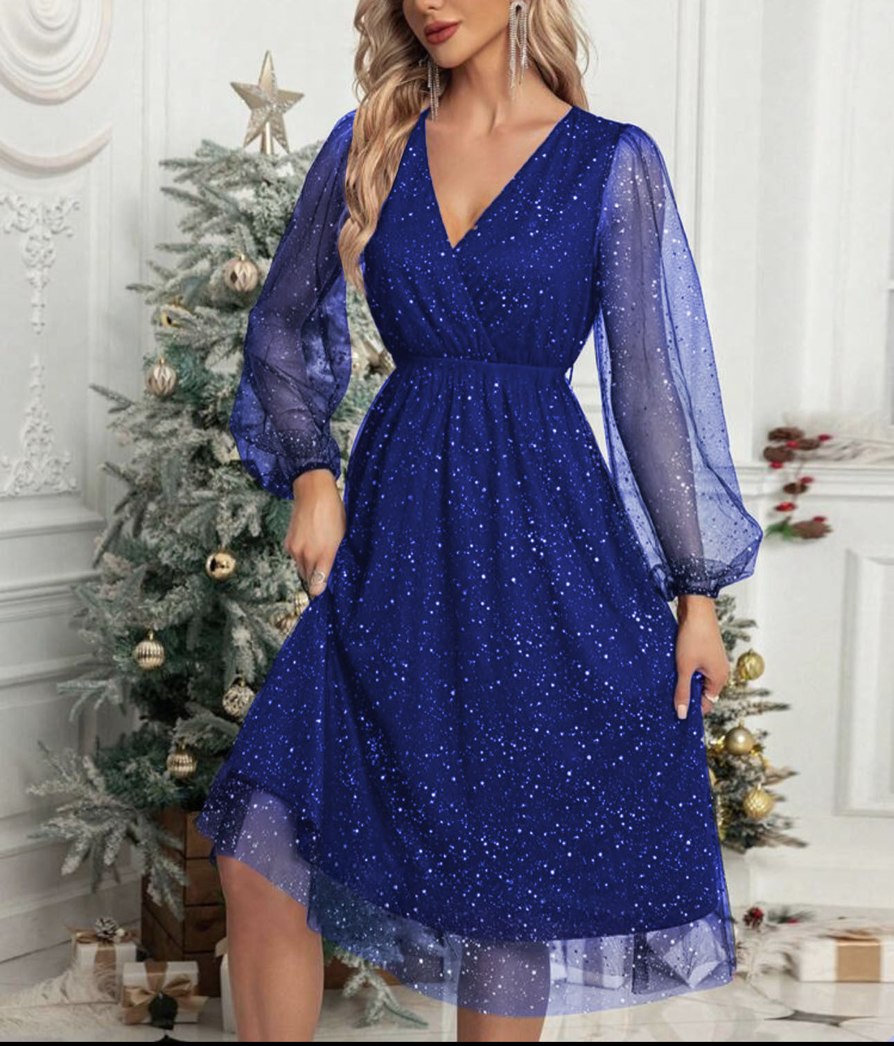 Robe de soirée scintillante pour femme avec manches bouffantes élégante