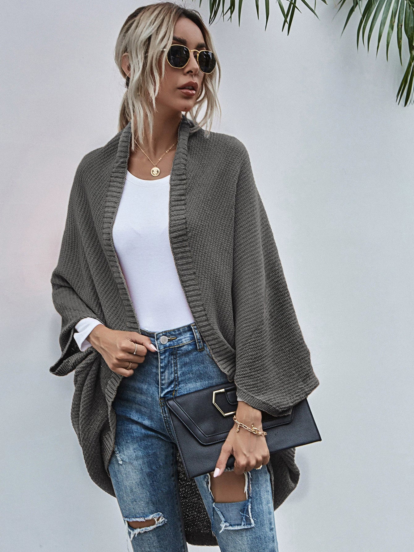 Cardigan large femme oversize laine manches chauve-souris