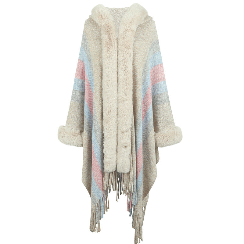 Poncho long femme col en fausse fourrure de luxe