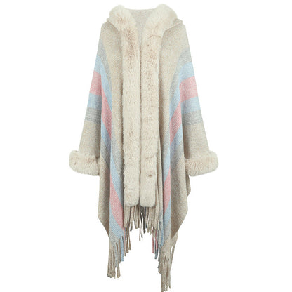 Poncho long femme col en fausse fourrure de luxe