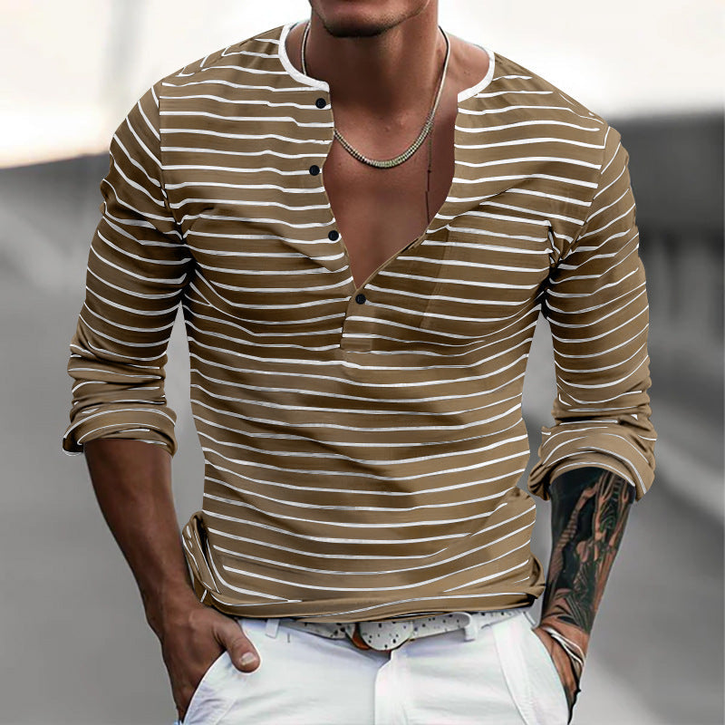 T-shirt à manches longues pour homme, à rayures, moderne, fermeture boutonnée