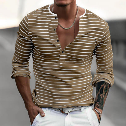 T-shirt à manches longues pour homme, à rayures, moderne, fermeture boutonnée