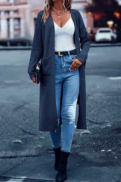 Gilet long en maille à manches longues avec poches pour femme