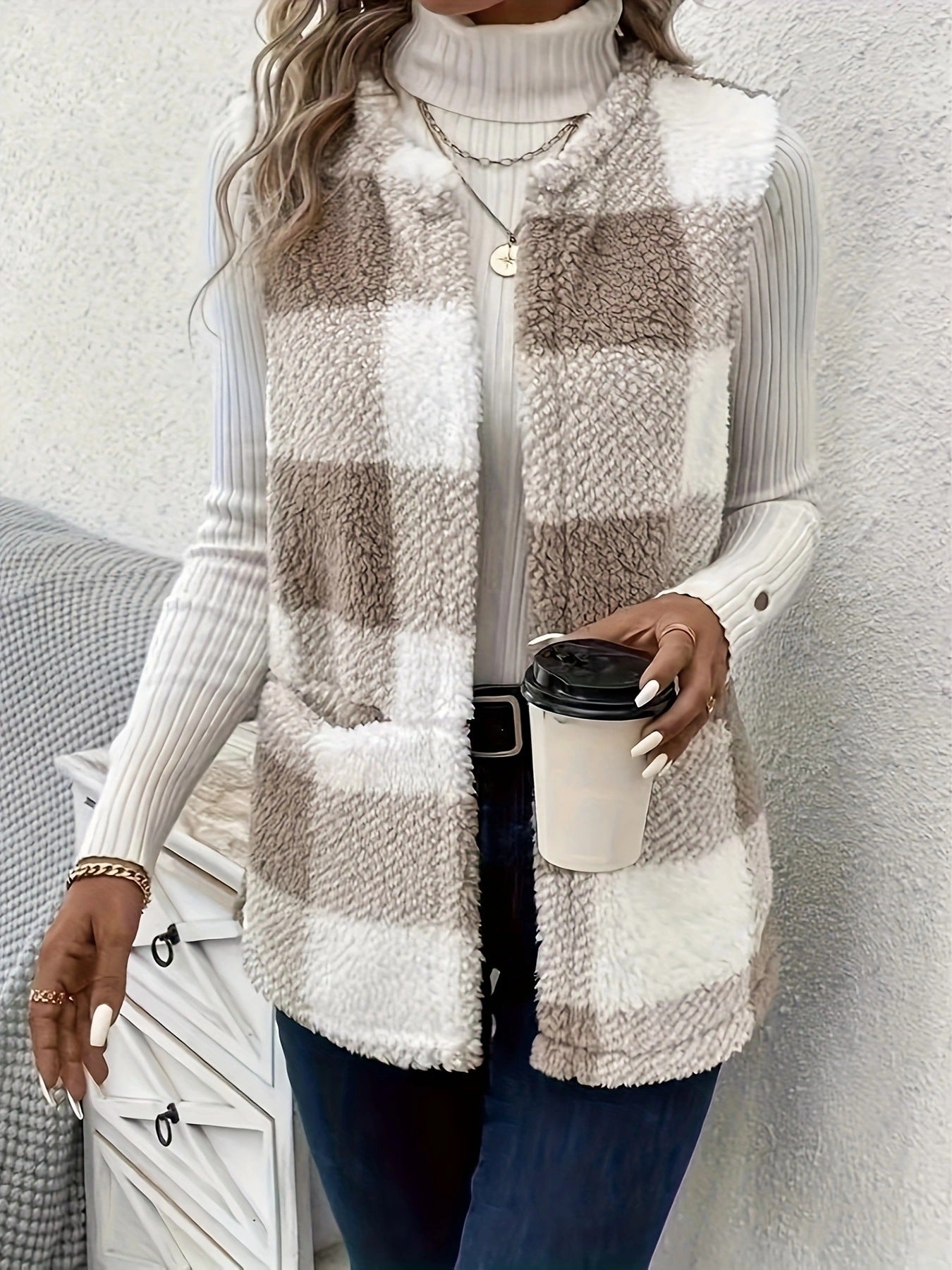 Gilet à carreaux duveteux pour femmes avec poches