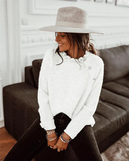 Pull pour femme tricot en laine col à volants coupe décontractée
