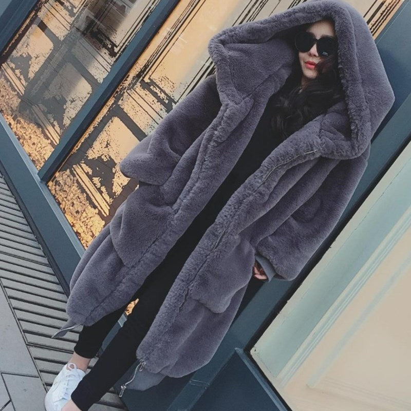 Manteau oversize pour femme, fausse fourrure, capuche et poches
