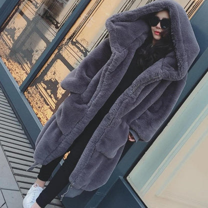 Manteau oversize pour femme, fausse fourrure, capuche et poches